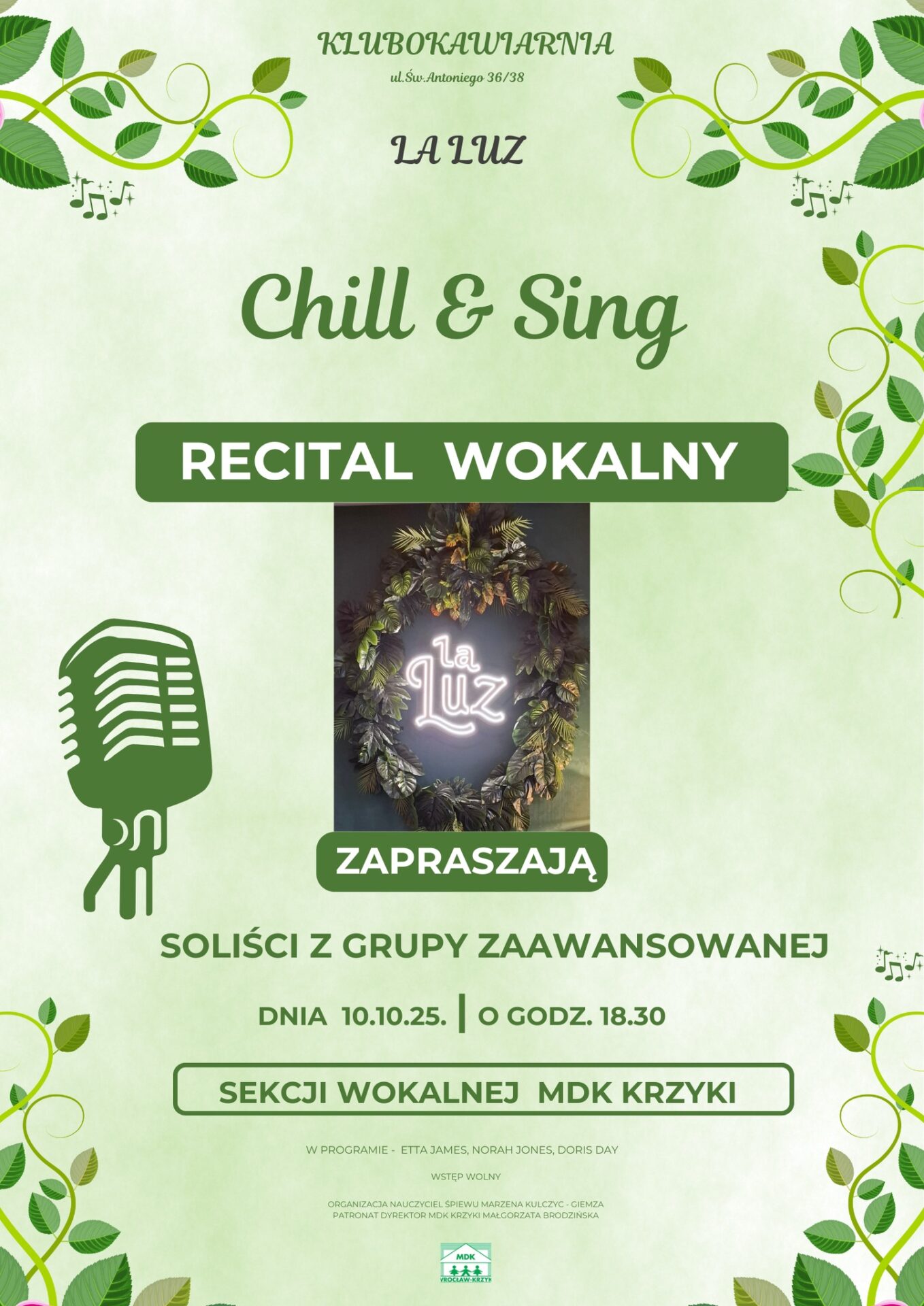 Recital solistów Sekcji Wokalnej Klubokawiarnia La Luz 10.10.25 | 18:30