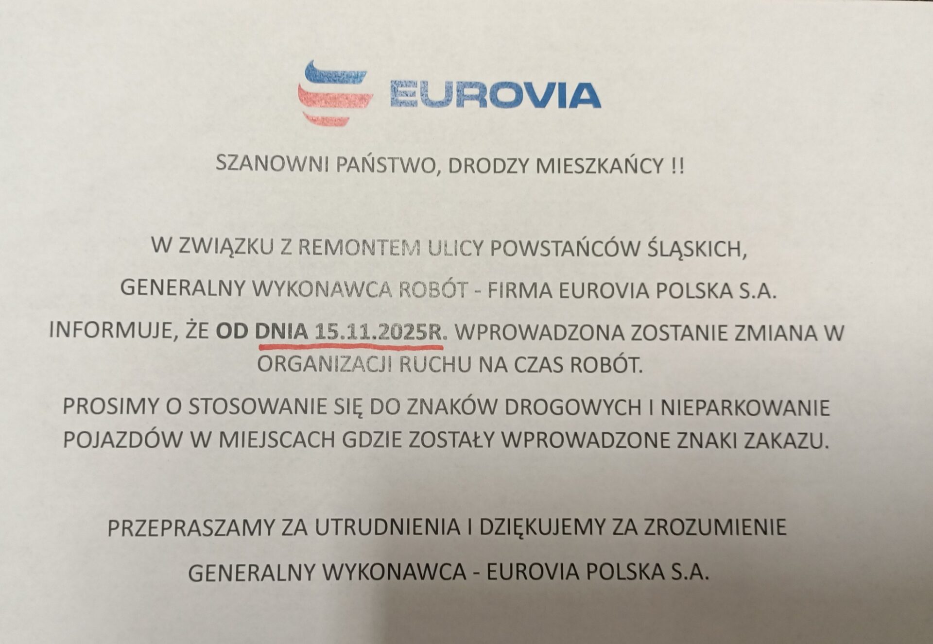 Informacja dot. zmiany organizacji ruchu na czas robót od 15.11.2025