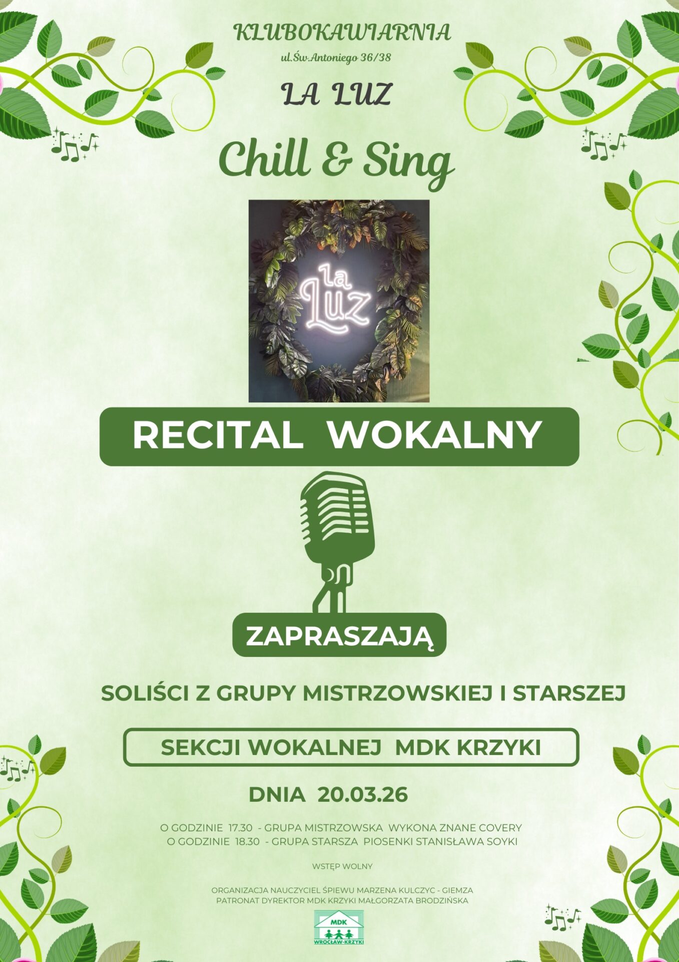 Recital Solistów Sekcji Wokalnej z Grupy Mistrzowskiej i Starszej w “La Luz” 20.03.26.