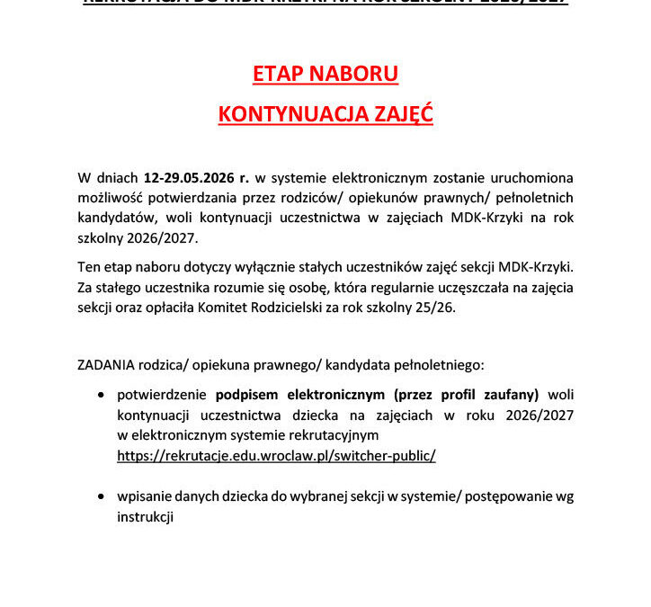REKRUTACJA DO MDK-KRZYKI NA ROK SZKOLNY 2026/2027 ETAP NABORU KONTYNUACJA ZAJĘĆ