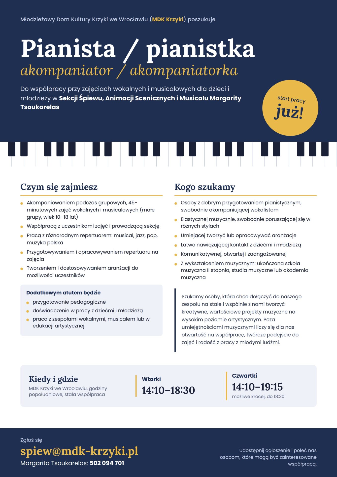 Poszukiwany akompaniator/-ka dla Sekcji Śpiewu, Animacji Scenicznych i Musicalu